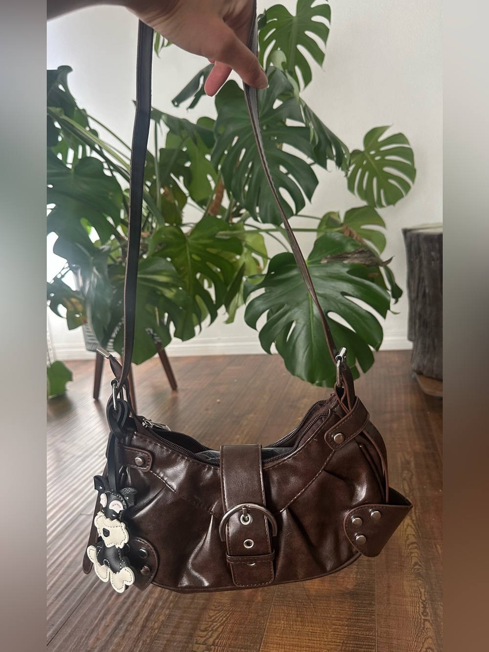 Edikted Y2K Brown Faux Leather Shoulder Bag with Buckle Detail